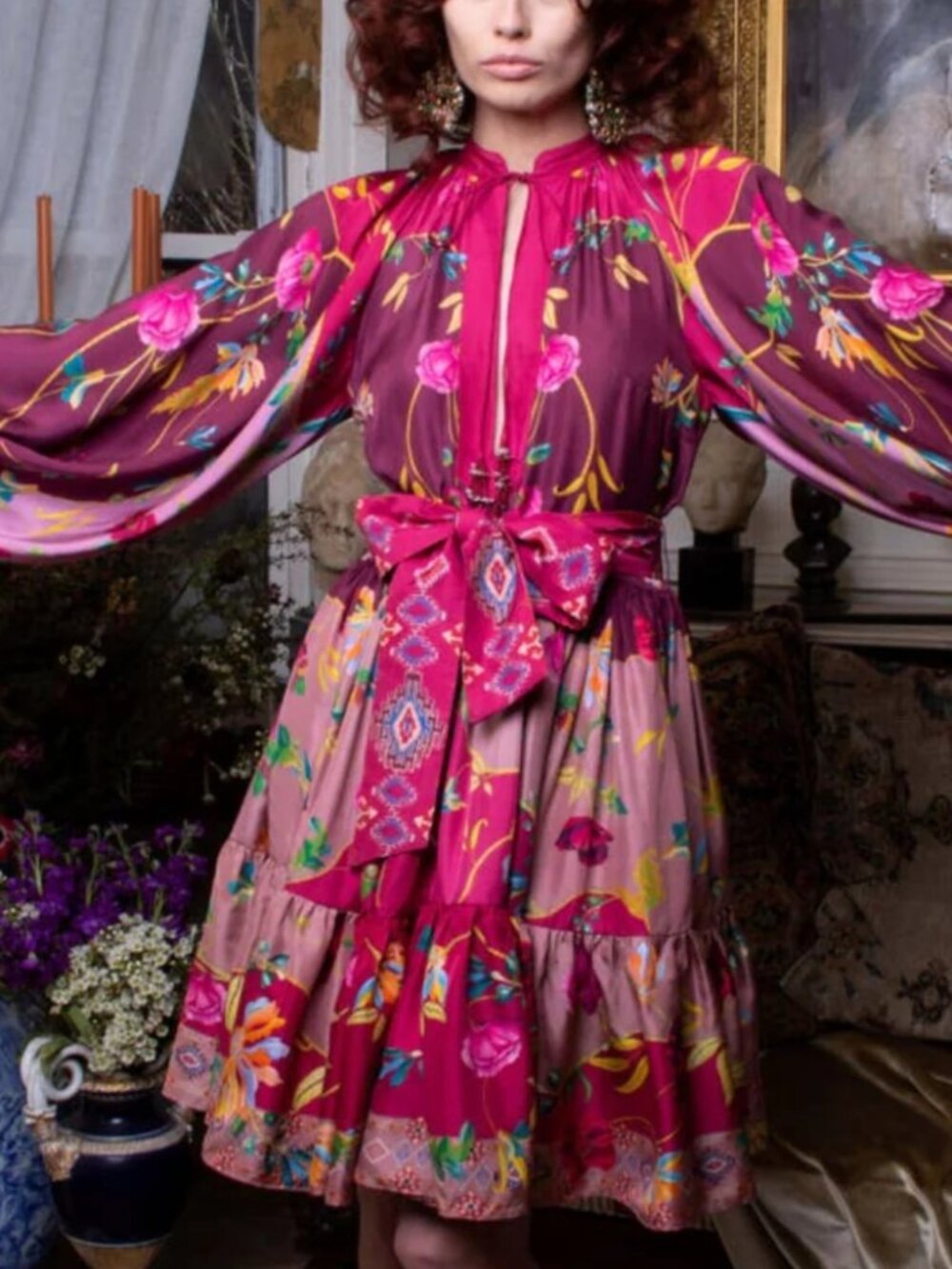 La Fuori Ania Silk Mini Dress Medium Floral Balloon Sleeve